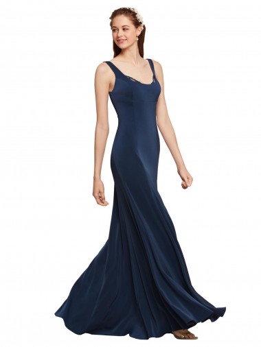 Purchase Fit and Flare Long Formal Crepe Bridesmaid Dress / Prom Dress with Round Neck